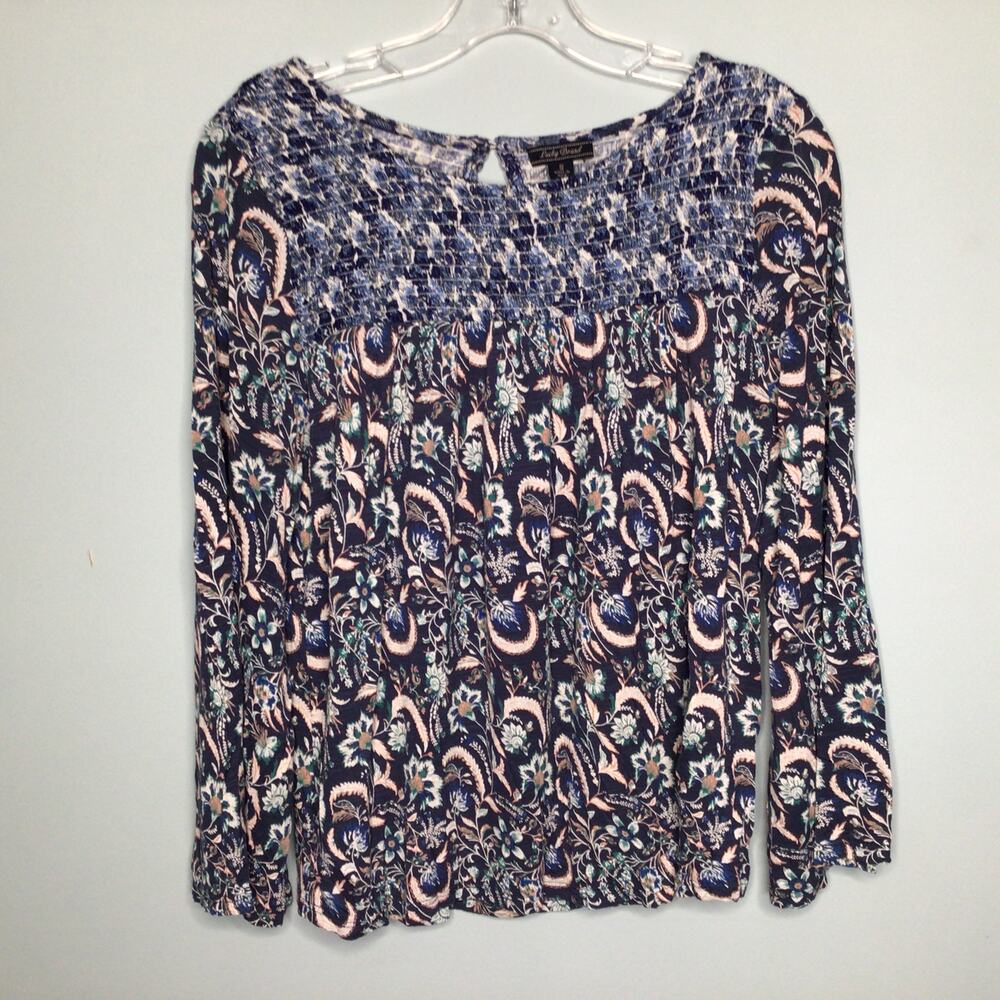 Lucky Brand Smocked Blue Long Sleeve Top Sz S